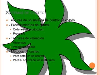 Sistemas de costeoTécnicas de un sistema de control de costos- Procedimientos de control Órdenes de producciónProcesos- Técnicas de valuación HistóricosPredeterminados- Métodos de costeo Para obtener los costosPara el control de los materiales