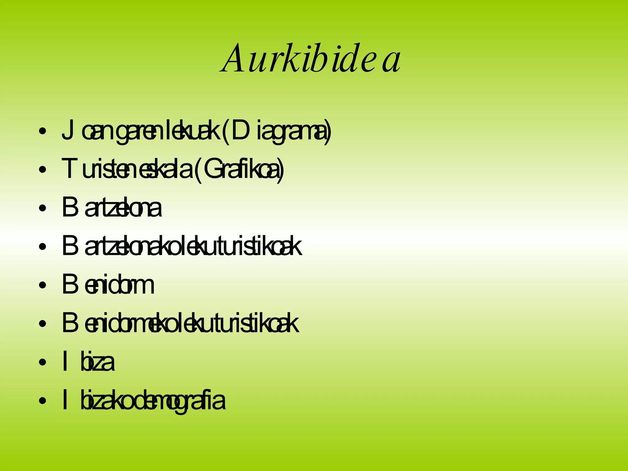 Aurkibidea Joan garen lekuak (Diagrama) Turisten eskala (Grafikoa) Bartzelona Bartzelonako leku turistikoak Benidorm Benidormeko leku turistikoak Ibiza Ibizako demografia 
