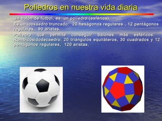 Poliedros en nuestra vida diariaPoliedros en nuestra vida diaria
Un balón de fútbol, es un poliedro (esférica).Un balón de fútbol, es un poliedro (esférica).
Es un icosaedro truncado: 20 hexágonos regulares , 12 pentágonosEs un icosaedro truncado: 20 hexágonos regulares , 12 pentágonos
regulares, 90 aristas.regulares, 90 aristas.
Poliedro que permite conseguir balones más esféricos:Poliedro que permite conseguir balones más esféricos:
Rombicosidodecaedro: 20 triángulos equiláteros, 30 cuadrados y 12Rombicosidodecaedro: 20 triángulos equiláteros, 30 cuadrados y 12
pentágonos regulares, 120 aristas.pentágonos regulares, 120 aristas.
 