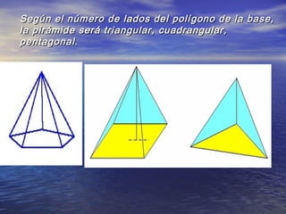 Según el número de lados del polígono de la base,Según el número de lados del polígono de la base,
la pirámide será triangular, cuadrangular,la pirámide será triangular, cuadrangular,
pentagonal.pentagonal.
 