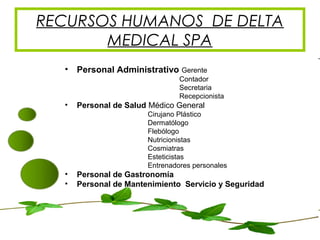 RECURSOS HUMANOS DE DELTA
MEDICAL SPA
• Personal Administrativo Gerente
Contador
Secretaria
Recepcionista
• Personal de Sa...