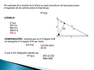 •El cuadrado de la medida de la altura es igual al producto de las proyecciones
ortogonales de los catetos sobre la hipotenusa
h2=p.q
EJEMPLO:
h2=p.q
202=2.q
400=2.q
400/2=q
200=q
2
c
20 q
COMPROBACIÓN: notamos que en el triángulo CHB
es semejante al triangulo CHA por tanto:
q/h=h/p 200/20=20/2
10=10
lo que al ser despejado expulsa que
h2=p.q 202=2.200
400=400
 