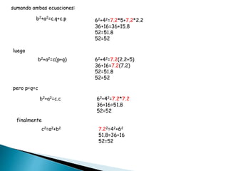 sumando ambas ecuaciones:
b2+a2=c.q+c.p 62+42=7.2*5+7.2*2.2
36+16=36+15.8
52=51.8
52=52
luego
b2+a2=c(p+q) 62+42=7.2(2.2+5)
36+16=7.2(7.2)
52=51.8
52=52
pero p+q=c
b2+a2=c.c 62+42=7.2*7.2
36+16=51.8
52=52
finalmente
c2=a2+b2 7.22=42+62
51.8=36+16
52=52
 