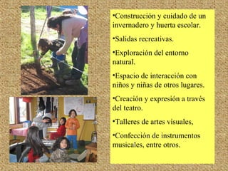 •Construcción y cuidado de un
invernadero y huerta escolar.
•Salidas recreativas.
•Exploración del entorno
natural.
•Espacio de interacción con
niños y niñas de otros lugares.
•Creación y expresión a través
del teatro.
•Talleres de artes visuales,
•Confección de instrumentos
musicales, entre otros.
 