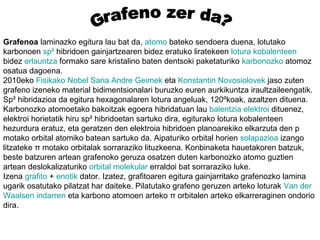 Grafenoa laminazko egitura lau bat da, atomo bateko sendoera duena, lotutako
karbonoen sp² hibridoen gainjartzearen bidez eratuko liratekeen lotura kobalenteen
bidez erlauntza formako sare kristalino baten dentsoki paketaturiko karbonozko atomoz
osatua dagoena.
2010eko Fisikako Nobel Saria Andre Geimek eta Konstantin Novosiolovek jaso zuten
grafeno izeneko material bidimentsionalari buruzko euren aurkikuntza iraultzaileengatik.
Sp² hibridazioa da egitura hexagonalaren lotura angeluak, 120ºkoak, azaltzen dituena.
Karbonozko atomoetako bakoitzak egoera hibridatuan lau balentzia elektroi dituenez,
elektroi horietatik hiru sp² hibridoetan sartuko dira, egiturako lotura kobalenteen
hezurdura eratuz, eta geratzen den elektroia hibridoen planoarekiko elkarzuta den p
motako orbital atomiko batean sartuko da. Aipaturiko orbital horien solapazioa izango
litzateke π motako orbitalak sorraraziko lituzkeena. Konbinaketa hauetakoren batzuk,
beste batzuren artean grafenoko geruza osatzen duten karbonozko atomo guztien
artean deslokalizaturiko orbital molekular erraldoi bat sorraraziko luke.
Izena grafito + enotik dator. Izatez, grafitoaren egitura gainjarritako grafenozko lamina
ugarik osatutako pilatzat har daiteke. Pilatutako grafeno geruzen arteko loturak Van der
Waalsen indarren eta karbono atomoen arteko π orbitalen arteko elkarreraginen ondorio
dira.
 