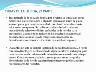 CURAS DE LA HERIDA, 2ª PARTE:
 Tras retirada de la bolsa de Bogotá por cirujano se le realizan curas
diarias con suero fisiológico + alginato cálcico con iones de plata,
aquacel plata, por mantener exudado purulento abundante más
sellado con compresas. Se realizan también desbridamientos
mecánicos de esfacelos y linitul en bordes de la heridas para
protegerlos. Cuando hubo reducción del exudado se aumenta el
desbridamiento con el uso de colagenasa, iruxol, para su
desbridamiento enzimático. Cubierta con antibioterapia e.v.
 Días antes del alta se cambia la pauta de cura a lavados cada 48 horas
con suero fisiológico y colocación de alginato cálcico, sorbalgon, para
mantener humedad adecuada de la herida sin exceso de exudado ya
seroso. Con apósito secundario con compresas secas porque las
dimensiones de la herida seguían siendo mayores que los apósitos
hidrocelulares del hospital.
 