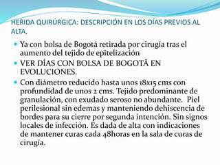 HERIDA QUIRÚRGICA: DESCRIPCIÓN EN LOS DÍAS PREVIOS AL
ALTA.
 Ya con bolsa de Bogotá retirada por cirugía tras el
aumento del tejido de epitelización
 VER DÍAS CON BOLSA DE BOGOTÁ EN
EVOLUCIONES.
 Con diámetro reducido hasta unos 18x15 cms con
profundidad de unos 2 cms. Tejido predominante de
granulación, con exudado seroso no abundante. Piel
perilesional sin edemas y manteniendo dehiscencia de
bordes para su cierre por segunda intención. Sin signos
locales de infección. Es dada de alta con indicaciones
de mantener curas cada 48horas en la sala de curas de
cirugía.
 