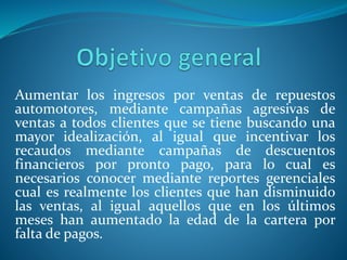 Aumentar los ingresos por ventas de repuestos
automotores, mediante campañas agresivas de
ventas a todos clientes que se tiene buscando una
mayor idealización, al igual que incentivar los
recaudos mediante campañas de descuentos
financieros por pronto pago, para lo cual es
necesarios conocer mediante reportes gerenciales
cual es realmente los clientes que han disminuido
las ventas, al igual aquellos que en los últimos
meses han aumentado la edad de la cartera por
falta de pagos.
 