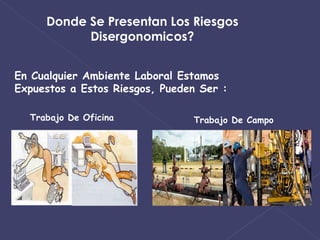 Donde Se Presentan Los Riesgos Disergonomicos? En Cualquier Ambiente Laboral Estamos Expuestos a Estos Riesgos, Pueden Ser : Trabajo De Oficina Trabajo De Campo 