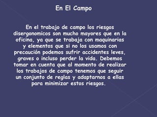 En El Campo En el trabajo de campo los riesgos disergonomicos son mucho mayores que en la oficina, ya que se trabaja con maquinarias y elementos que si no los usamos con precaución podemos sufrir accidentes leves, graves o incluso perder la vida. Debemos tomar en cuenta que al momento de realizar los trabajos de campo tenemos que seguir un conjunto de reglas y adaptarnos a ellas para minimizar estos riesgos.  