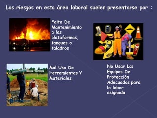 Los riesgos en esta área laboral suelen presentarse por : Falta De Mantenimiento a las plataformas, tanques o taladros Mal Uso De Herramientas Y Materiales No Usar Los Equipos De Protección Adecuados para la labor asignada 