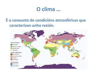 O clima …É o conxunto de condicións atmosféricas que caracterizan unharexión.