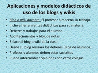 Las actualizaciones son inmediatas y constantes.archivados y accesibles por un URL(permalink)Incluyen un buscador interno y diversas funcionalidades.sindicación/suscripción RSS de los contenidos permite:actualizar y comunicarse con otros blogersLos artículos se pueden organizar en categorías