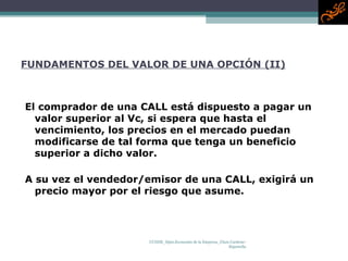 FUNDAMENTOS DEL VALOR DE UNA OPCIÓN (II) El comprador de una CALL está dispuesto a pagar un valor superior al Vc, si espera que hasta el vencimiento, los precios en el mercado puedan modificarse de tal forma que tenga un beneficio superior a dicho valor. A su vez el vendedor/emisor de una CALL, exigirá un precio mayor por el riesgo que asume. UCIIIM_Dpto.Economía de la Empresa_Clara Cardone-Riportella 