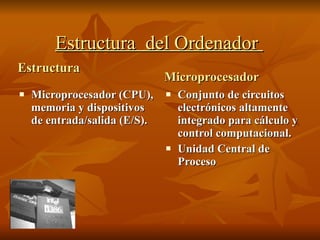Estructura  del Ordenador  Estructura Microprocesador Microprocesador (CPU), memoria y dispositivos de entrada/salida (E/S). Conjunto de circuitos electrónicos altamente integrado para cálculo y control computacional. Unidad Central de Proceso  