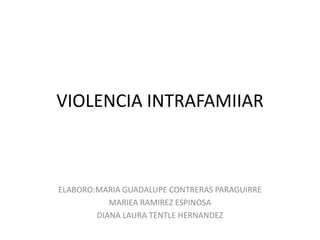 VIOLENCIA INTRAFAMIIAR ELABORO:MARIA GUADALUPE CONTRERAS PARAGUIRRE MARIEA RAMIREZ ESPINOSA DIANA LAURA TENTLE HERNANDEZ 