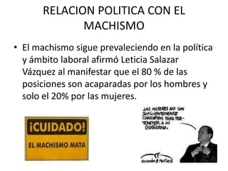 RELACION POLITICA CON EL MACHISMO<br />El machismo sigue prevaleciendo en la política y ámbito laboral afirmó Leticia Sala...