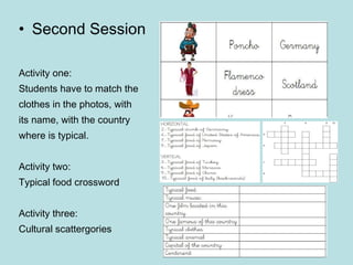 Second Session Activity one: Students have to match the  clothes in the photos, with  its name, with the country where is typical. Activity two: Typical food crossword Activity three: Cultural scattergories 