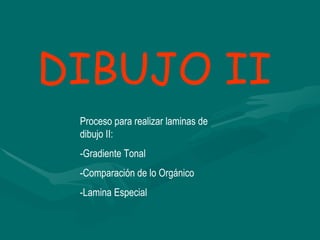DIBUJO II Proceso para realizar laminas de dibujo II: -Gradiente Tonal -Comparación de lo Orgánico -Lamina Especial 