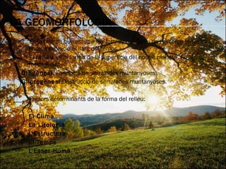 És la branca que estudia les formes del relleu de l'escorça terrestre i la seva evolució al llarg del temps. El  relleu  és la forma de la superfície del nostre planeta. És el resultat de: Orogènesi : Formació de serralades muntanyoses. Gliptogènesi :Destrucció de serralades muntanyoses. Factors determinants de la forma del relleu: El Clima La Litologia L’Estructura El Temps L’Esser Humà 