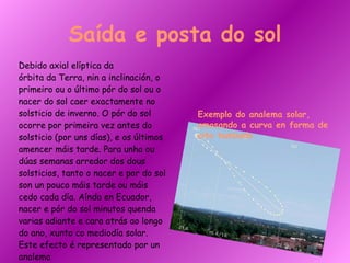 Saída e posta do sol Debido axial elíptica da  órbita da Terra, nin a inclinación, o  primeiro ou o último pór do sol ou o  nacer do sol caer exactamente no  solsticio de inverno. O pór do sol  ocorre por primeira vez antes do  solsticio (por uns días), e os últimos  amencer máis tarde. Para unha ou  dúas semanas arredor dos dous  solsticios, tanto o nacer e por do sol  son un pouco máis tarde ou máis  cedo cada día. Aínda en Ecuador,  nacer e pór do sol minutos quenda  varias adiante e cara atrás ao longo  do ano, xunto co mediodía solar.  Este efecto é representado por un  analema Exemplo do analema solar, amosando a curva en forma de oito tumbado  
