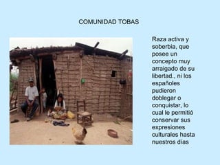 COMUNIDAD TOBAS Raza activa y soberbia, que posee un concepto muy arraigado de su libertad., ni los españoles pudieron doblegar o conquistar, lo cual le permitió conservar sus expresiones   culturales hasta nuestros días   