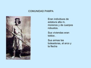 COMUNIDAD PAMPA Eran individuos de estatura alta m, morenos y de cuerpos robustos. Sus viviendas eran toldos . Sus armas las boleadoras, el arco y la flecha  