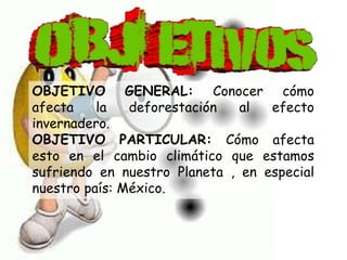 OBJETIVO GENERAL: Conocer cómo
afecta la deforestación al efecto
invernadero.
OBJETIVO PARTICULAR: Cómo afecta
esto en el cambio climático que estamos
sufriendo en nuestro Planeta , en especial
nuestro país: México.
 