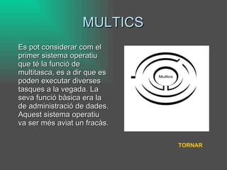 MULTICS Es pot considerar com el primer sistema operatiu que té la funció de multitasca, es a dir que es poden executar diverses tasques a la vegada. La seva funció bàsica era la de administració de dades. Aquest sistema operatiu va ser més aviat un fracàs.  TORNAR 