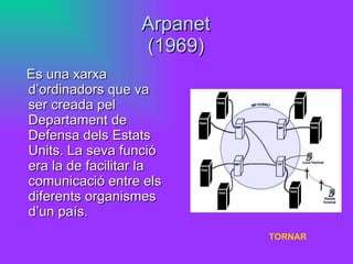 Arpanet (1969) Es una xarxa d’ordinadors que va ser creada pel Departament de Defensa dels Estats Units. La seva funció era la de facilitar la comunicació entre els diferents organismes d’un país. TORNAR 