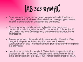 En el seu emmagatzematge en la memòria de tambor, a més, gairebé tots els elements del sistema es programaven inserint connectors en un panell de connexió.  Els components addicionals de l'ordinador eren una perforadora de targetes, una CPU, una font d'alimentació, una unitat lectora de targetes / consola d'operador, i una impressora.  Tenia cinquanta discos de vint polzades de diàmetre. Dos braços independents es desplaçaven verticalment seleccionar un disc i horitzontalment per seleccionar una pista de gravació L'ordinador construir més de 1.000 unitats. La producció va acabar el 1961, el RAMAC va passar a ser obsolet el 1962 amb el llançament de l'IBM 1401 i retirat del mercat el 1969. IMB 305 RAMAC 