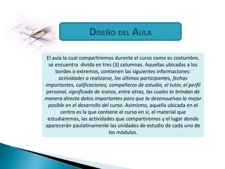 DISEÑODEL AULAEl aula la cual compartiremos durante el curso como es costumbre, se encuentra  divida en tres (3) columnas. Aquellas ubicadas a los bordes o extremos, contienen las siguientes informaciones: actividadesa realizarse, los últimos participantes, fechas importantes, calificaciones, compañeros de estudio, el tutor, el perfil personal, significado de íconos, entre otras, las cuales te brindan de manera directa datos importantes para que te desenvuelvas lo mejor posible en el desarrollo del curso. Asimismo, aquella ubicada en el centro es la que contiene el curso en sí, el material que estudiaremos, las actividades que compartiremos y el lugar donde aparecerán paulatinamente las unidades de estudio de cada uno de los módulos.