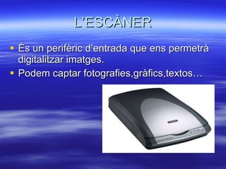 L’ESCÀNER És un perifèric d’entrada que ens permetrà digitalitzar imatges. Podem captar fotografies,gràfics,textos… 
