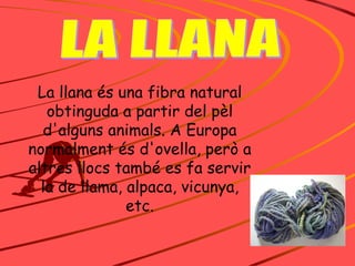LA LLANA La llana és una fibra natural obtinguda a partir del pèl d'alguns animals. A Europa   normalment és d'ovella, però a altres llocs també es fa servir la de llama, alpaca, vicunya, etc. 