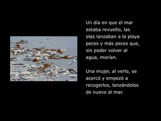 Un día en que el marestaba revuelto, lasolas lanzaban a la playapeces y más peces que,sin poder volver alagua, morían.Una mujer, al verlo, seacercó y empezó a recogerlos, lanzándolos de nuevo al mar.