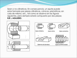 Sean o no cilíndricas. En consecuencia, un ajuste puede estar formado por piezas cilíndricas, cónicas, prismáticas, en cola de milano, etc., tal como se observa en las figuras siguientes, pero siempre estará compuesto por dos piezas:  EJE  y  AGUJERO . 