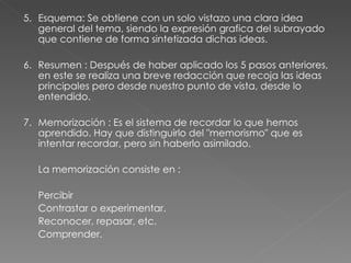 5.  Esquema: Se obtiene con un solo vistazo una clara idea general del tema, siendo la expresión grafica del subrayado  que contiene de forma sintetizada dichas ideas. 6.  Resumen : Después de haber aplicado los 5 pasos anteriores, en este se realiza una breve redacción que recoja las ideas principales pero desde nuestro punto de vista, desde lo entendido. 7.  Memorización :  Es el sistema de recordar lo que hemos aprendido. Hay que distinguirlo del "memorismo" que es intentar recordar, pero sin haberlo asimilado.  La memorización consiste en : Percibir Contrastar o experimentar. Reconocer, repasar, etc. Comprender.  