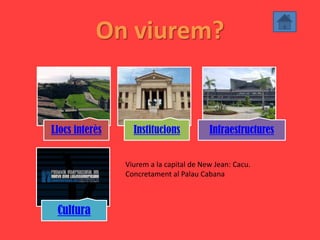 On viurem?


Llocs interès     Institucions           Infraestructures


                Viurem a la capital de New Jean: Cacu.
                Concretament al Palau Cabana



 Cultura
 