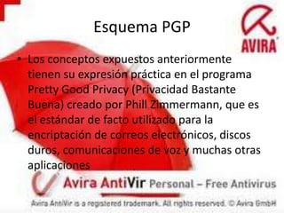 Esquema PGPLos conceptos expuestos anteriormente tienen su expresión práctica en el programa PrettyGoodPrivacy (Privacidad Bastante Buena) creado por PhillZimmermann, que es el estándar de facto utilizado para la encriptación de correos electrónicos, discos duros, comunicaciones de voz y muchas otras aplicaciones