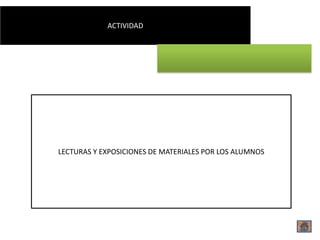 ACTIVIDAD




LECTURAS Y EXPOSICIONES DE MATERIALES POR LOS ALUMNOS
 