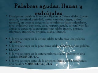 Palabras agudas, llanas y esdrújulas En algunas  palabras la voz se carga en la última sílaba  (comer, escribir, terminal, seriedad, ratón, camión, cargar, ultimó, respetó), en otras se carga en la penúltima sílaba (calendario, rana, colectivo, camiseta, casa, respeto, aguda, colecta) y en las demás se carga en la antepenúltima sílaba (tácito, pérsico, atlántico, atmósfera, brújula, sílaba, último). Si la voz se carga en la última sílaba tendremos una palabra  AGUDA. Si la voz se carga en la penúltima sílaba tendremos una palabra LLANA Si la voz se carga en la antepenúltima sílaba tendremos una palabra  ESDRÚJULA. Si la voz se carga antes de la antepenúltima sílaba tendremos una palabra  SOBRESDRÚJULA 
