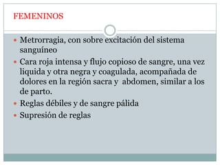 FEMENINOSMetrorragia, con sobre excitación del sistema sanguíneoCara roja intensa y flujo copioso de sangre, una vez liquida y otra negra y coagulada, acompañada de dolores en la región sacra y  abdomen, similar a los de parto.Reglas débiles y de sangre pálidaSupresión de reglas