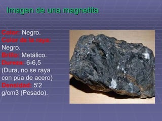 Imagen de una magnetita   Color:  Negro. Color de la raya:  Negro. Brillo:  Metálico. Dureza:  6-6,5 (Dura, no se raya con púa de acero) Densidad:  5'2 g/cm3 (Pesado). 