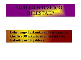 NORI EGIN DIZKIOGU INKESTAK? Lehenengo hezkuntzako ikasle guztiei.  Guztira 38 inkesta ziren eta inkesta bakoitzean 10 galdera . 