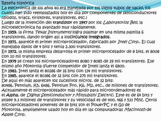 funcionamientoDesde el punto de vista lógico, singular y funcional, el microprocesador está compuesto básicamente por: varios registros, una unida de control, una unidad aritmético logica, y dependiendo del procesador, puede contener una unida en coma flotante.El microprocesador ejecuta instrucciones almacenadas como números binarios organizados secuencialmente en la memoria principal. La ejecución de las instrucciones se puede realizar en varias fases:PreFetch, pre lectura de la instrucción desde la memoria principal.Fetch, envío de la instrucción al decodificadorDecodificación de la instrucción, es decir, determinar qué instrucción es y por tanto qué se debe hacer.Lectura de operandos (si los hay).Ejecución, lanzamiento de las máquinas de estado que llevan a cabo el procesamiento.Escritura de los resultados en la memoria principal o en los registros.