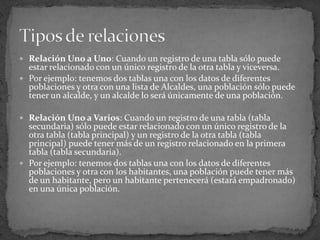 Relación Uno a Uno: Cuando un registro de una tabla sólo puede estar relacionado con un único registro de la otra tabla y viceversa. Por ejemplo: tenemos dos tablas una con los datos de diferentes poblaciones y otra con una lista de Alcaldes, una población sólo puede tener un alcalde, y un alcalde lo será únicamente de una población. Relación Uno a Varios: Cuando un registro de una tabla (tabla secundaria) sólo puede estar relacionado con un único registro de la otra tabla (tabla principal) y un registro de la otra tabla (tabla principal) puede tener más de un registro relacionado en la primera tabla (tabla secundaria). Por ejemplo: tenemos dos tablas una con los datos de diferentes poblaciones y otra con los habitantes, una población puede tener más de un habitante, pero un habitante pertenecerá (estará empadronado) en una única población. Tipos de relaciones