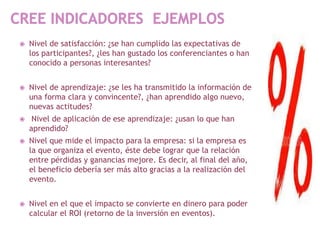    Nivel de satisfacción: ¿se han cumplido las expectativas de
    los participantes?, ¿les han gustado los conferenciantes o han
    conocido a personas interesantes?


   Nivel de aprendizaje: ¿se les ha transmitido la información de
    una forma clara y convincente?, ¿han aprendido algo nuevo,
    nuevas actitudes?
    Nivel de aplicación de ese aprendizaje: ¿usan lo que han
    aprendido?
   Nivel que mide el impacto para la empresa: si la empresa es
    la que organiza el evento, éste debe lograr que la relación
    entre pérdidas y ganancias mejore. Es decir, al final del año,
    el beneficio debería ser más alto gracias a la realización del
    evento.


   Nivel en el que el impacto se convierte en dinero para poder
    calcular el ROI (retorno de la inversión en eventos).
 