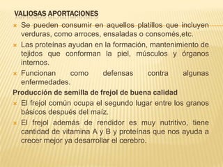 VALIOSAS APORTACIONESSe pueden consumir en aquellos platillos que incluyen verduras, como arroces, ensaladas o consomés,etc.Las proteínas ayudan en la formación, mantenimiento de tejidos que conforman la piel, músculos y órganos internos.Funcionan como defensas contra algunas enfermedades. Producción de semilla de frejol de buena calidadEl frejol común ocupa el segundo lugar entre los granos básicos después del maíz.El frejol además de rendidor es muy nutritivo, tiene cantidad de vitamina A y B y proteínas que nos ayuda a crecer mejor ya desarrollar el cerebro.