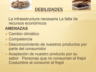 DEBILIDADES   La infraestructura necesaria La falta de recursos económicos AMENAZASCambio climático   Competencia  Desconocimiento de nuestros productos por parte del consumidor   Aceptación de nuestro producto por su sabor   Personas que no consuman el frejol Costumbre al consumir el frejol