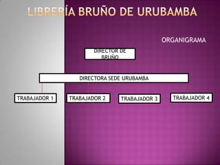 Librería bruño de Urubamba ORGANIGRAMA DIRECTOR DE BRUÑO DIRECTORA SEDE URUBAMBA  TRABAJADOR 4 TRABAJADOR 1 TRABAJADOR 2 TRABAJADOR 3 